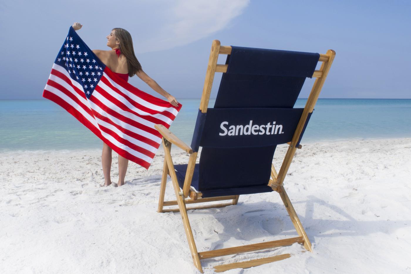 Sandestin beach chair with American flags.