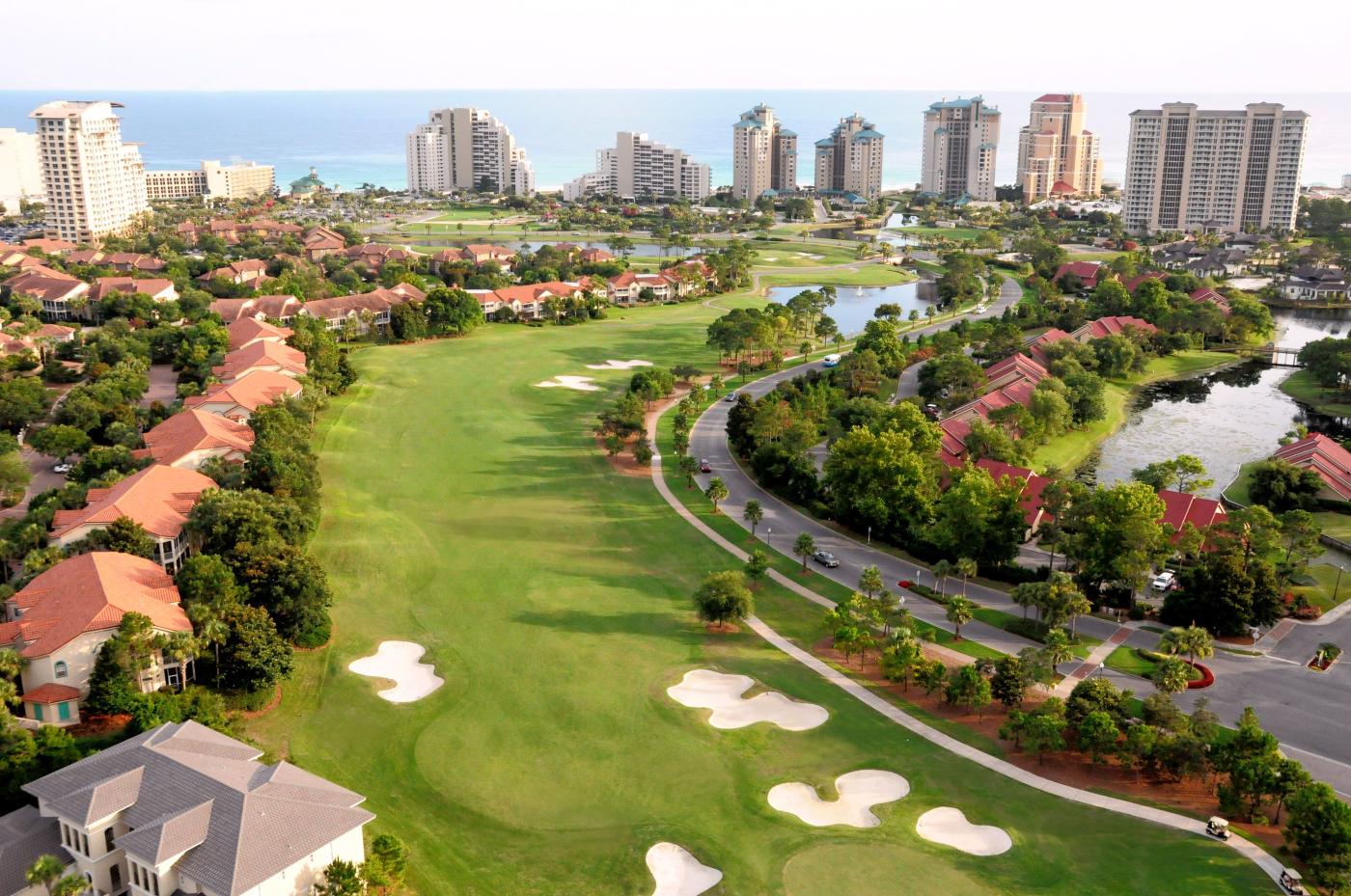 Aerial shot of a golf fairway. 